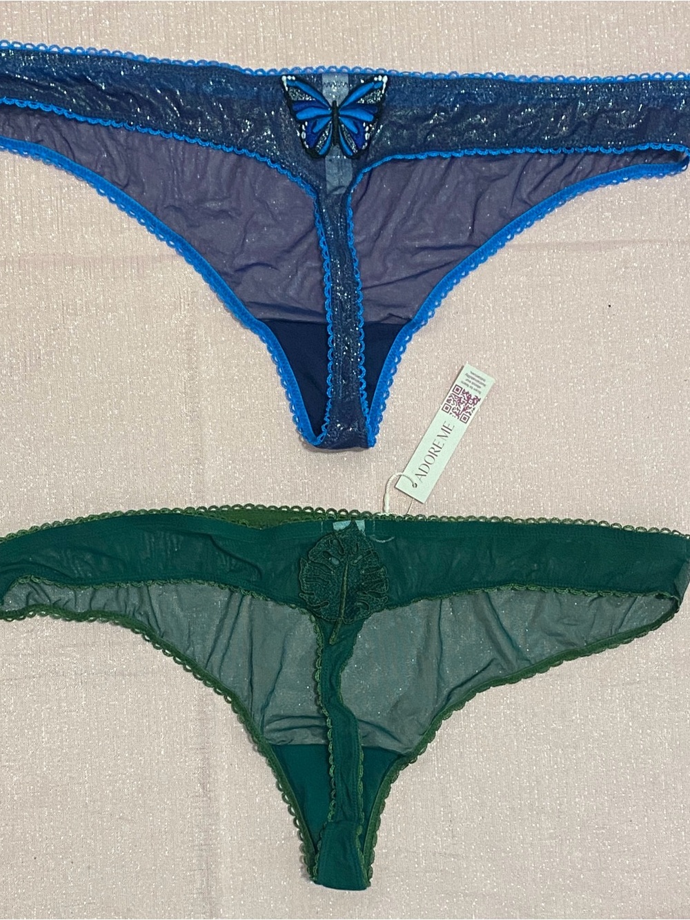 Adore Me Sheer Thong Set in Blue and Green with Butterfly Detail